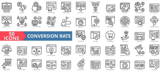 conversion rate icon set outline style illustration. containing analytics tools, split testing, call to action, traffic quality, user experience, bounce rate, target audience, engagement metrics