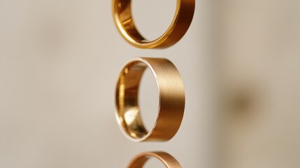 vow. Three golden wedding bands hanging vertically with soft light highlighting their shine. event programs, museum guides, designed for cultural heritage projects and event programs.