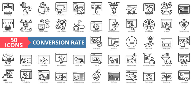 conversion rate icon set outline style illustration. containing analytics tools, split testing, call to action, traffic quality, user experience, bounce rate, target audience, engagement metrics