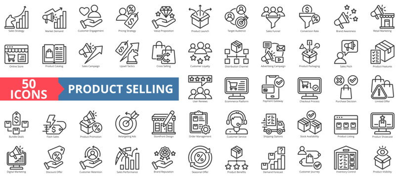 product selling icon set outline style illustration. containing customer journey, bundle deals, flash sales, shipping options, checkout process, payment gateway, value proposition, storefront design