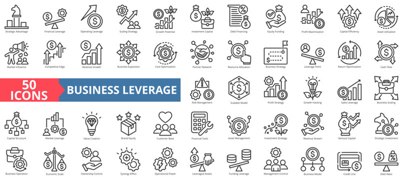 business leverage icon set outline style illustration. containing competitive edge, economic scale, synergy effect, strategic advantage, growth potential, equity funding, profit maximization