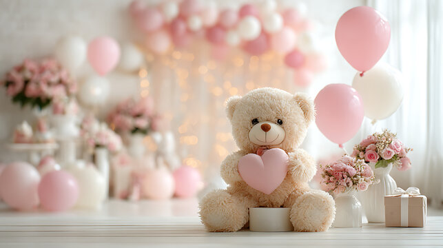 Cute teddy bear holding pink heart with balloons and flowers background for Valentine's Day greeting card and romantic holiday design

