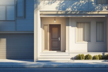 Front entrance of a modern house with a dark door and windows.
