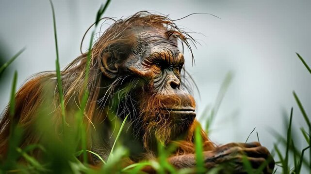 Ancient human ancestor resting amongst lush jungle growth, observing patiently, contemplating primeval existence, shaggy wet hair, thoughtful gaze, wild habitat.