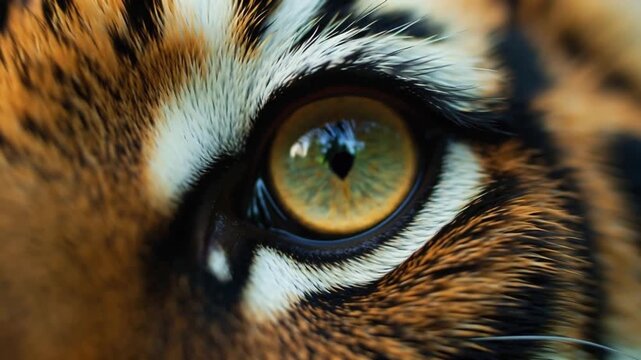 macro close-up of a tiger's eye, reflecting dense tropical jungle, cinematic lighting, soft depth of field, hyper-detailed iris textures, subtle fur reflections, slow camera pan around eye, nature