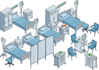 Obraz premium Hospital Room Interior Design Beds, Furniture and Medical Equipment Isometric Vector Illustration
