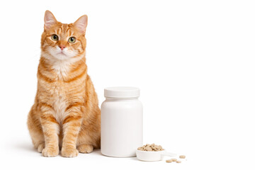 Ginger tabby cat with supplement jar and treats, pet shop cat vitamins concept isolated
