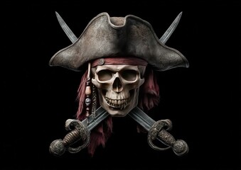 Fototapeta premium A skull wearing a tricorn hat with crossed swords, against a stark black background. Red accents