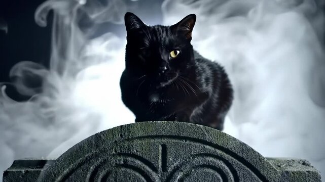 Black cat sitting on ancient tombstone in spooky foggy cemetery at night