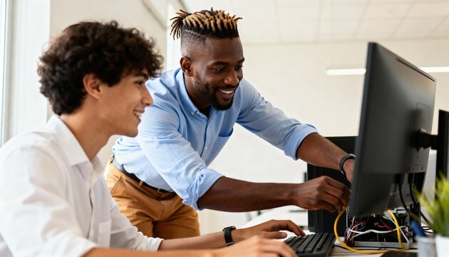 IT technician helping a colleague with computer hardware. Diverse men working together on desktop PC in modern office. Technical support and collaboration concept