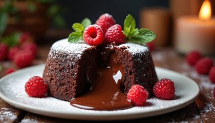 Warm chocolate lava cake with molten center oozes rich fudge. Decorated with fresh raspberries, mint leaves, and powdered sugar. Served on a plate with dim candle light.