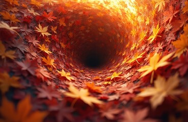 Fototapeta premium Abstract swirling vortex of autumn leaves. Crimson gold brown foliage forms dynamic tunnel like vortex against bright sunlight. Nature fall season movement.