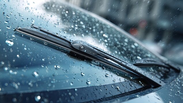 Close-up of car windshield covered in numerous raindrops with a wiper blade