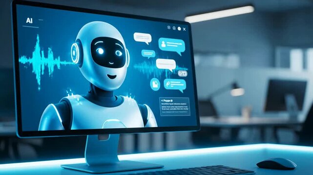 Artificial intelligence robot on desktop monitor in modern office, showcasing machine learning, digital assistance, and advanced communication technology