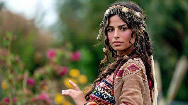 A beautiful woman with a Romani appearance is gesturing with her arm extended outdoors. She seems to be a traveler or wanderer, possibly a nomad or vagabond, exploring nature
