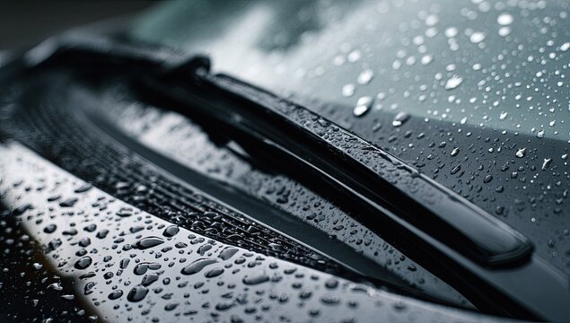 Close-up of a black car's windshield and hood covered in countless raindrops, wiper blade visible