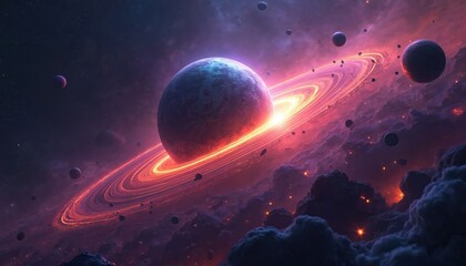 Fototapeta premium Ringed planet glows in vast nebula with asteroids and distant stars. Cosmic scene includes purple clouds and bright light. Space exploration concept background.