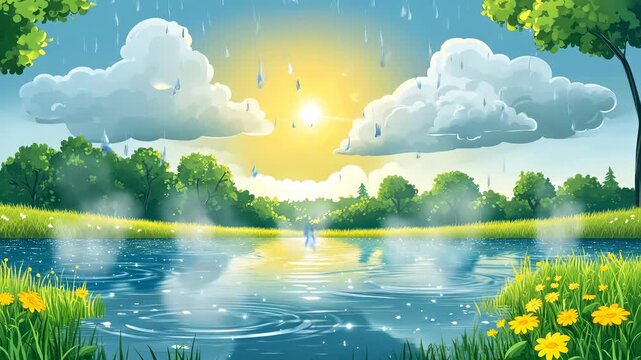 Natural rain cycle: evaporation stage, moisture ascent, condensation phase, droplet fall, cloud mass, water rotation, hydrosphere balance, weather pattern, atmospheric change