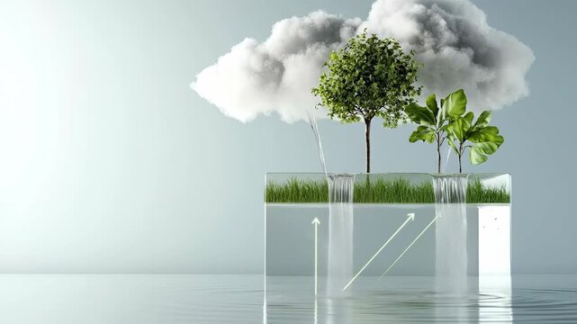 Natural rain cycle: evaporation stage, moisture ascent, condensation phase, droplet fall, cloud mass, water rotation, hydrosphere balance, weather pattern, 