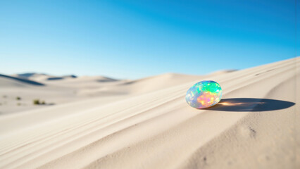 Fototapeta premium An opal rock rests on a sandy dune. Its surface reflects a rainbow of colors, creating a mesmerizing interplay of light and shadow. The scene evokes a sense of quiet beauty and isolated serenity.
