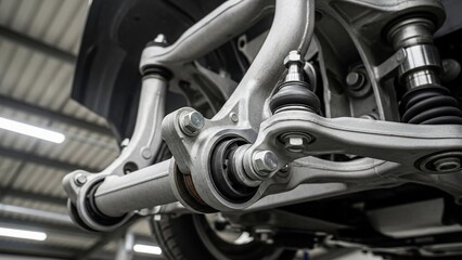 Detailed view of a vehicle's suspension system components.