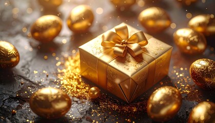 Close-up of gold gift box with tied bow and scattered golden eggs