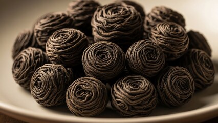 Chocolate truffles arranged on a white plate.
