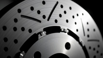 Close-up of a perforated car brake disc rotor.