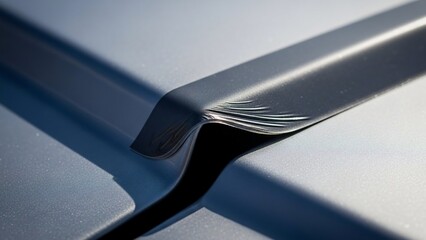 Close-up of a sleek metal surface with a curved edge and reflective shadows.