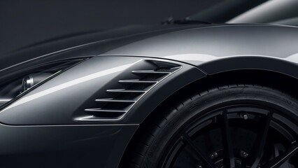 Luxury sports car front close-up with sleek design and black wheels.