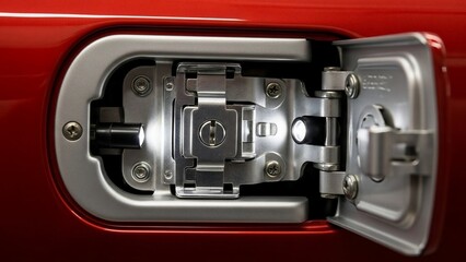 Car Fuel Tank Door Open on Red Vehicle.