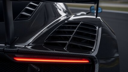 Obraz premium Rear view of a sleek black sports car on a racing track.