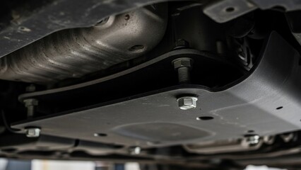 Underside of a vehicle with visible exhaust system and metal skid plate.