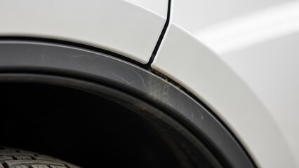 Close-up of a white car's wheel and fender detail.