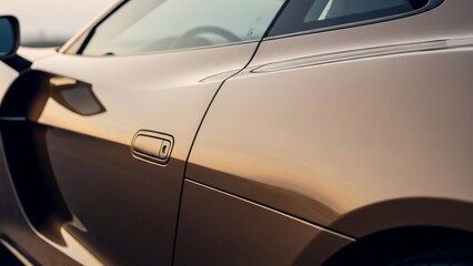 Luxury car door handle with sleek design and golden sunlight reflection.