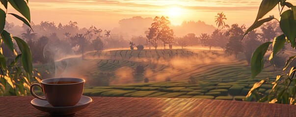 A cozy scene featuring a steaming cup of tea with a scenic view of a tea plantation at sunrise. 