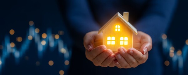 Housing Market Affordability Crisis, Enigmatic Woman Holding a Glowing Miniature House Against a Dark Background, Evoking Feelings of Warmth, Security, and Imagination in a Magical Atmosphere