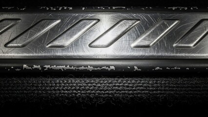 Metallic surface with brushed finish and textured pattern.