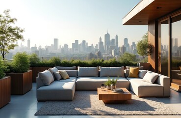 Obraz premium Modern rooftop terrace offers plush seating and city skyline views. Lush greenery frames urban panorama. Sleek lounge area perfect for relaxation and entertaining guests.