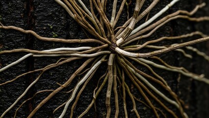 Exposed tree roots on dark soil surface.
