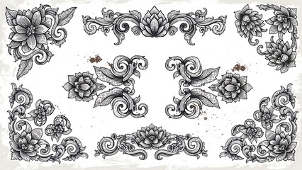 Fototapeta premium Ornate floral patterns and designs collection.
