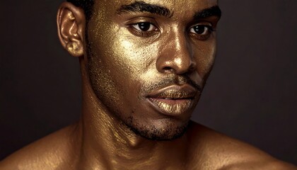 Striking close-up portrait of a Black man's face covered in shimmering gold paint against a dark background.