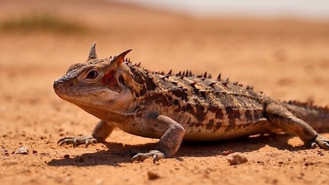 Thorny devil lizard resting in desert heat with faint body movement as it breathes quietly