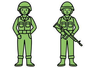 Fototapeta premium Vector flat illustration set of line art female and male military soldiers in uniform poses