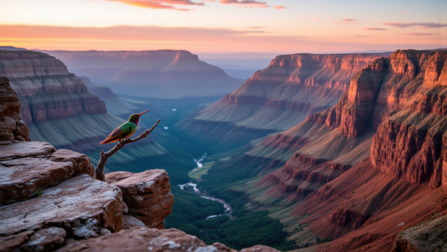 A vibrant hummingbird perches on a rocky outcrop, overlooking a vast, polychromatic canyon bathed in dawn light. A winding river traces the canyon floor, receding into the expansive vista.