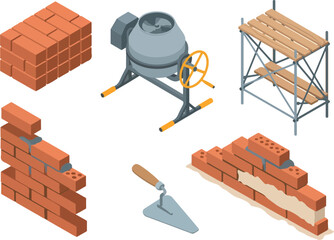 Construction Vector Masonry, Mixer, Scaffolding, Trowel, and Brick Stacks for Building Projects