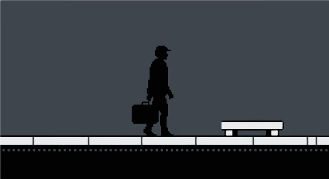pixel art man walking with briefcase on minimalist urban sidewalk illustrating solitary daily commute routine and anonymous journey theme.