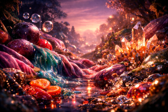 Glowing crystal cluster in a dreamy fantasy stream landscape