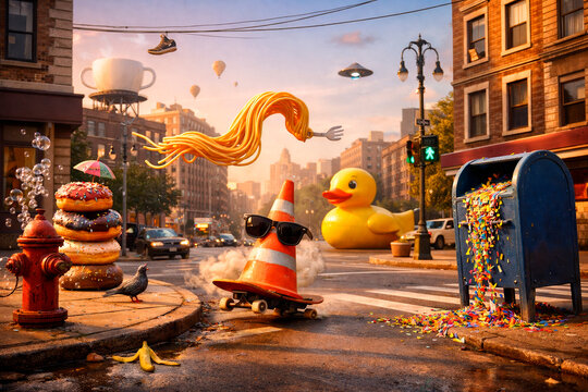 Surreal city street scene with floating spaghetti traffic cone skateboard giant rubber duck and confetti mailbox