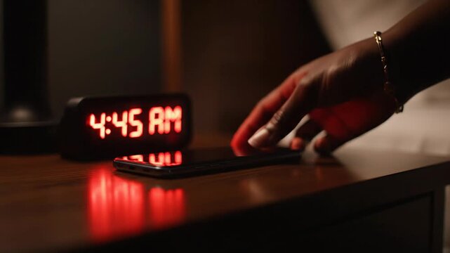 Waking up early interaction with a smartphone and a digital alarm clock on a nightstand
